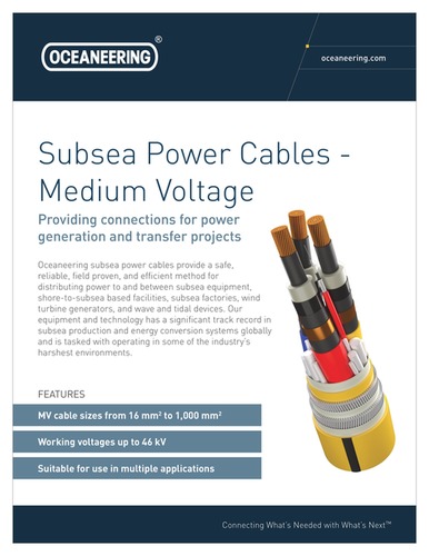 Product brochure showing image, description, and feature list of Subsea Power Cables - Medium Voltage.