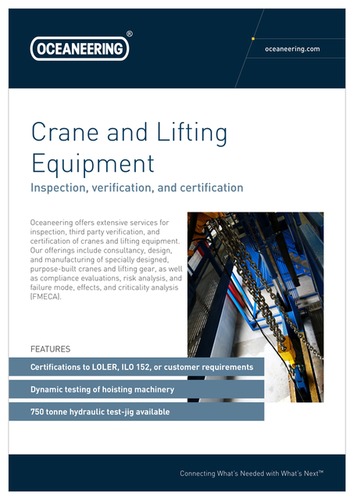 Brochure page of Crane and Lifting Equipment with product photo, description, and features