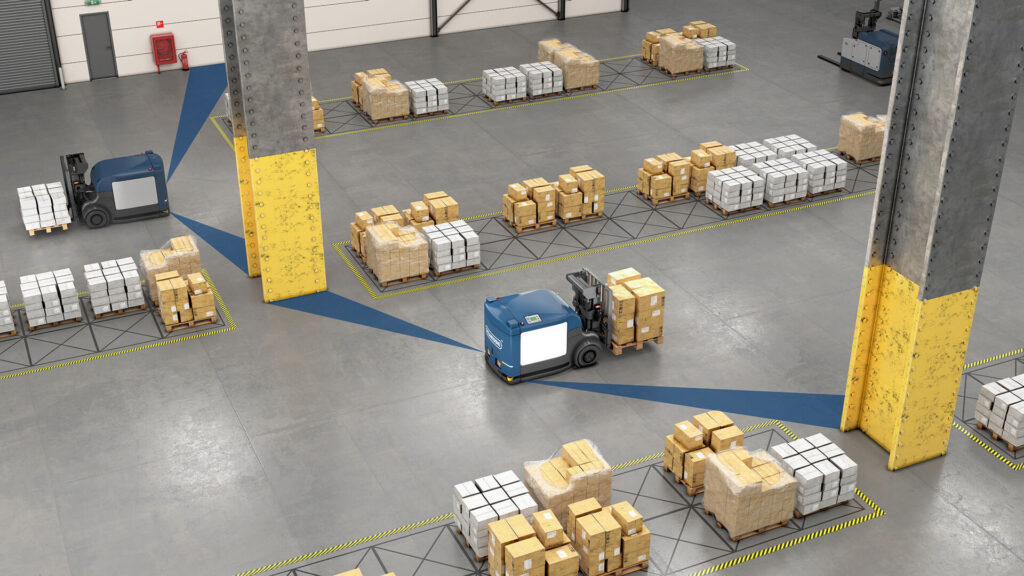 Automated MaxMover Mobile Robotics moving pallets in warehouse