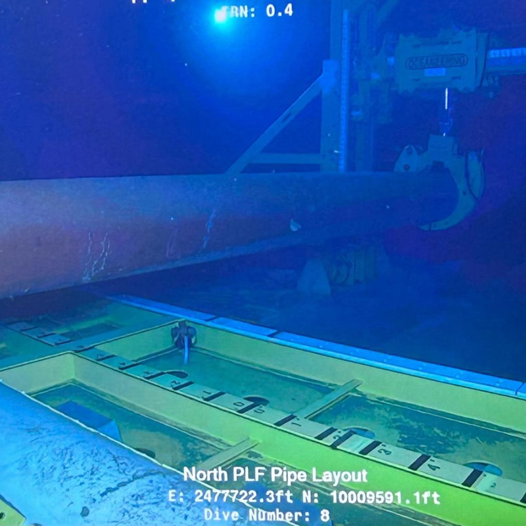 Pipe lift frame holding up a subsea pipeline.