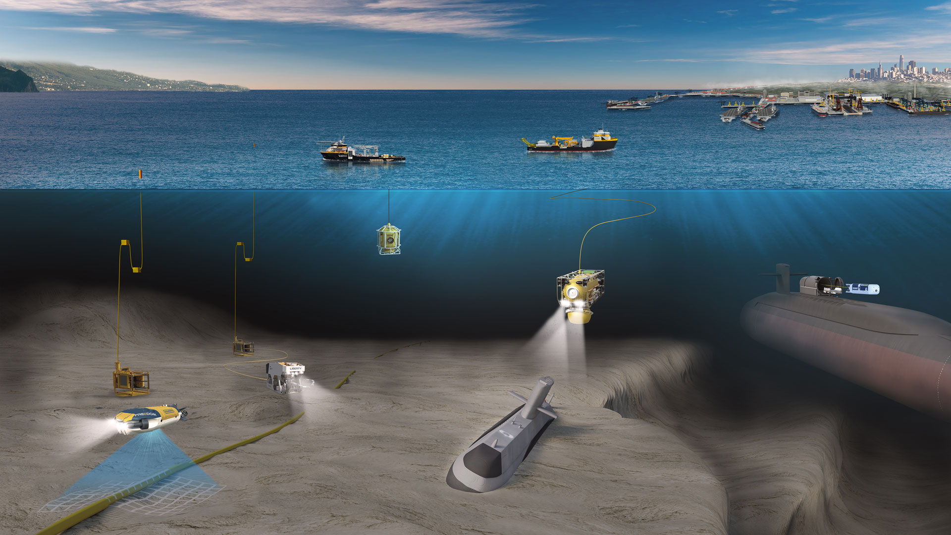 3D rendering of subsea and surface assets including AUVs resident technology system submarine rescue with pressurized rescue module and submarine dry deck shelter