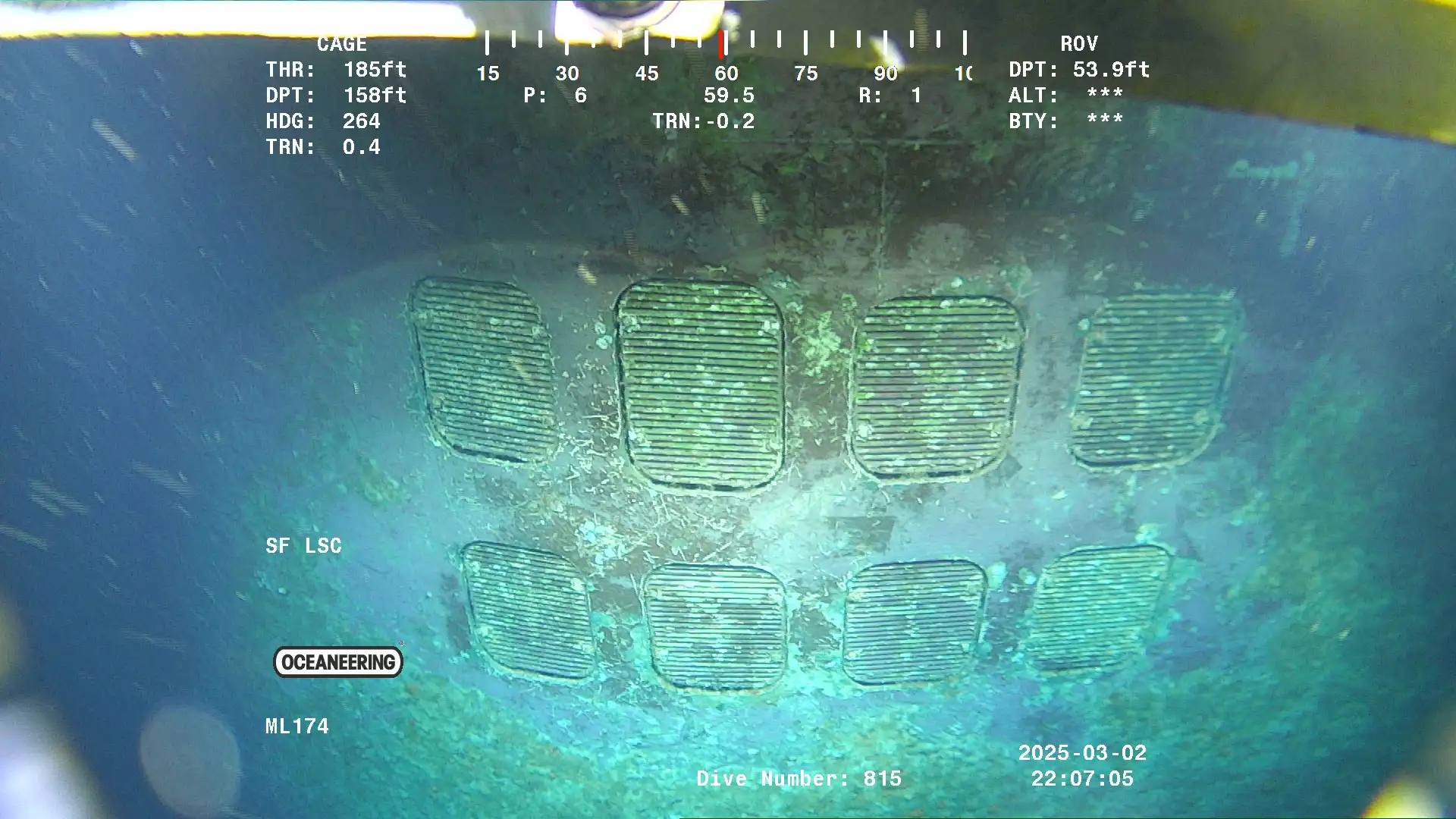Image of underwater inspection of vessel sea grates with marine growth on them