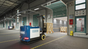 autonomous forklift driving into a trailer