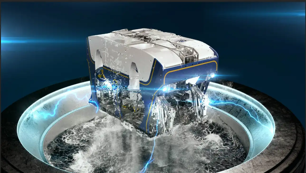 Electric ROV from Oceaneering emerging from a pool with dynamic electric currents radiating outward symbolizing cutting edge subsea technology and offshore innovation