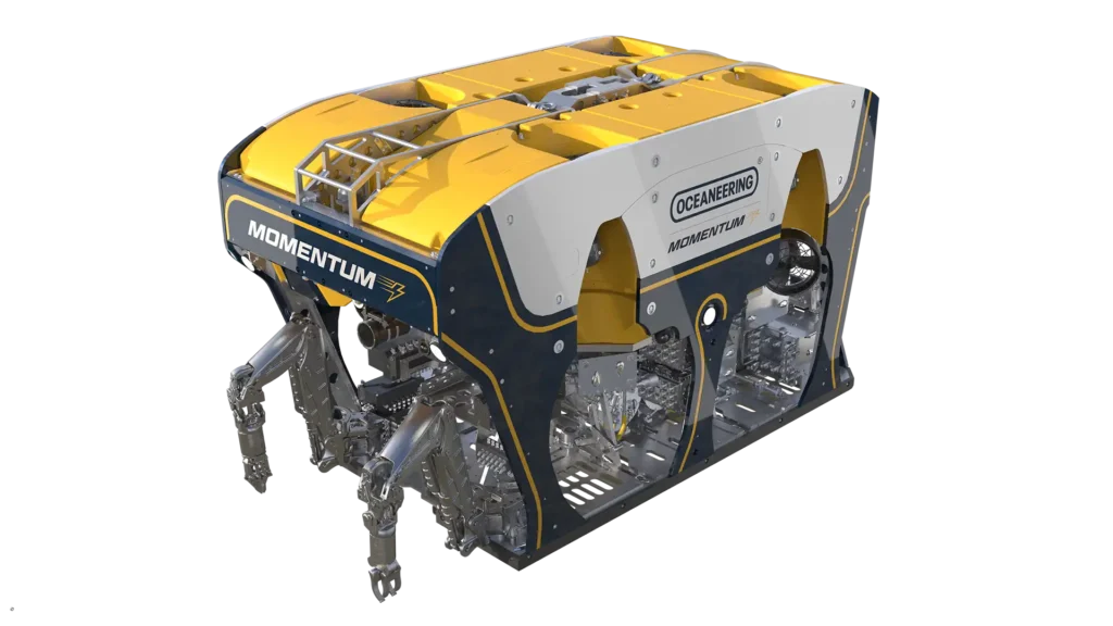 260205MomentumROV0000 1 copy | Oceaneering Rendered front ISO view of the Momentum electric ROV including the two hydraulic manipulators and advanced camera systems