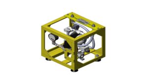 Methanol deck transfer pump inside a yellow frame, showing internal piping, pump, and parts in an isometric view
