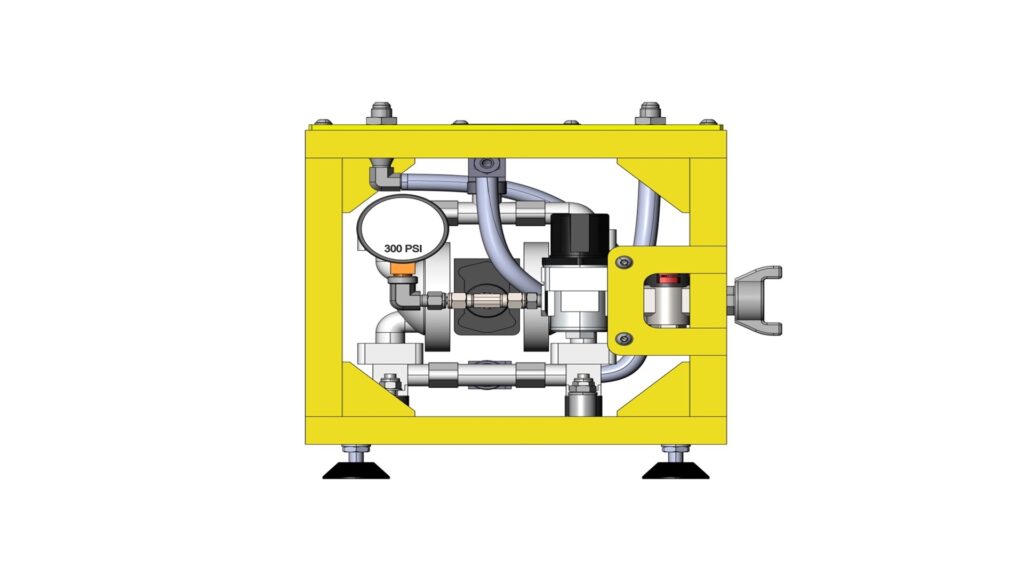 Right‑side view of the methanol deck transfer pump with hose routing and fittings