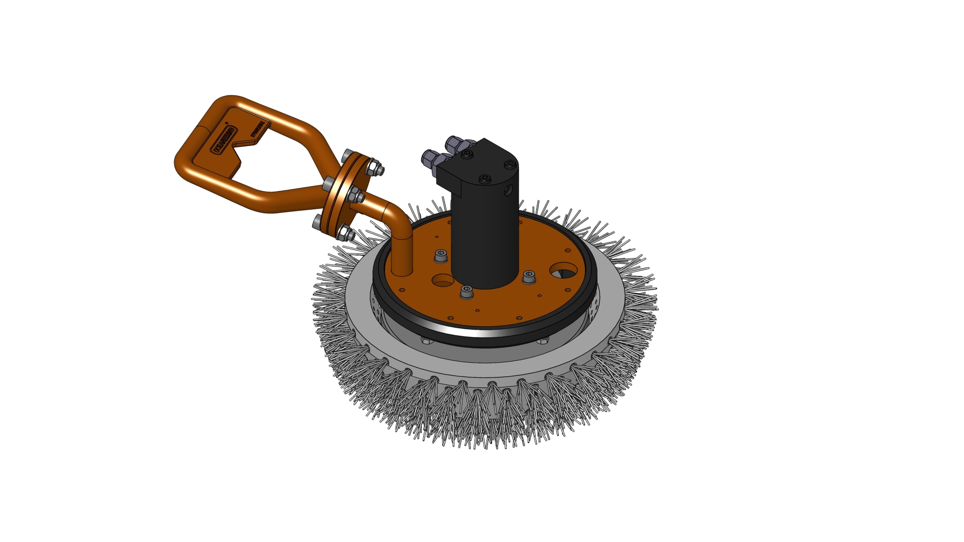 Isometric view of a 10‑inch Multipurpose Cleaning Tool with brush, orange handle, and top housing