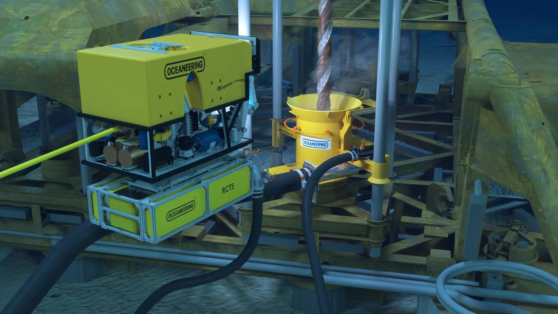 RCTS drilling assembly aligned with subsea guide funnel during operation