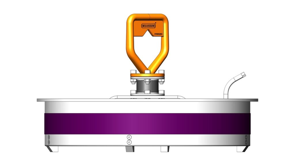 Orange lifting lug mounted on a bolted flange atop a gray, purple-bodied cylindrical tank; a curved pipe extends from the right.