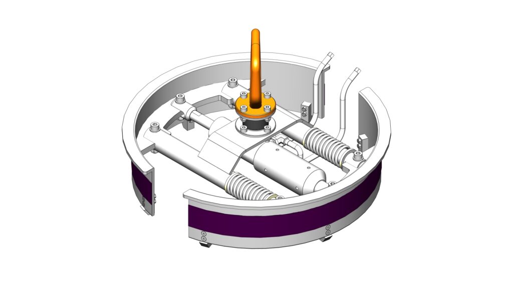 Internal view of a circular housing with an orange vertical actuator lever on a flange bolts and piping surrounding it mechanical assembly