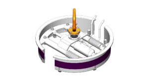 Internal view of a circular housing with an orange vertical actuator lever on a flange, bolts and piping surrounding it (mechanical assembly).