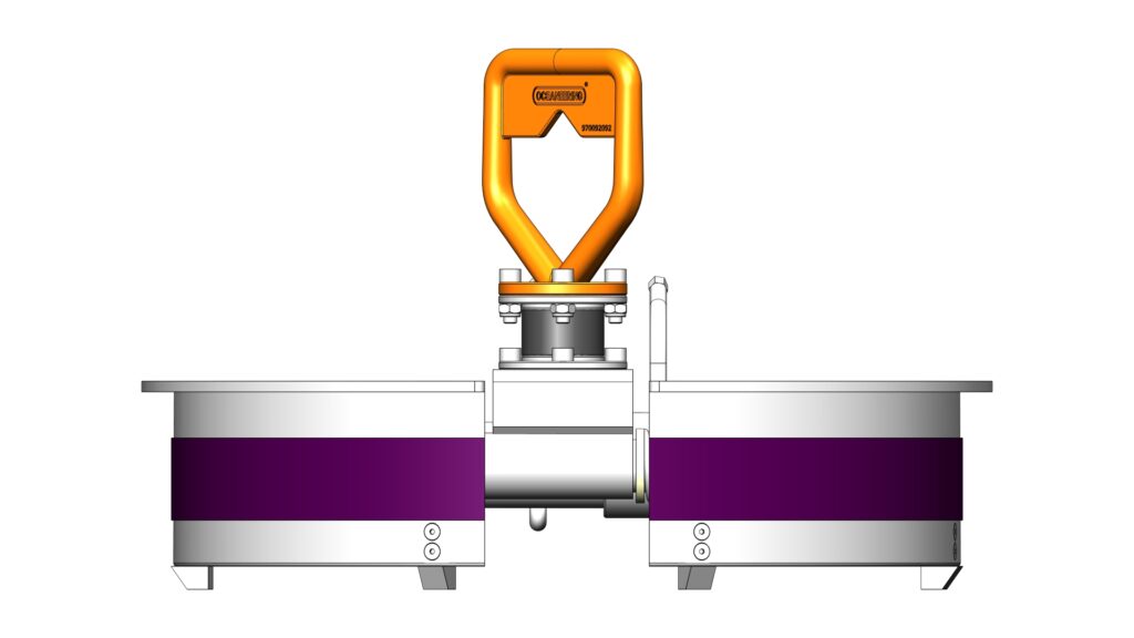Front view of the 18 3/4 inch hydraulic seal handling tool with a lifting eye mounted on it.