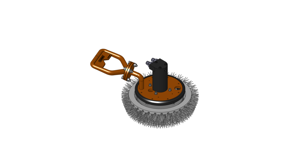 Isometric view of a multipurpose cleaning tool with a brush head and D handle