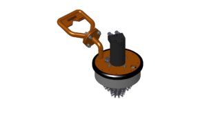Isometric view of a multipurpose cleaning tool with a brush head and D-handle.