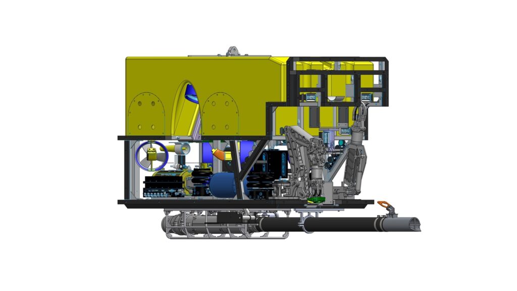 Isometric view of the full dredge system mounted beneath an ROV