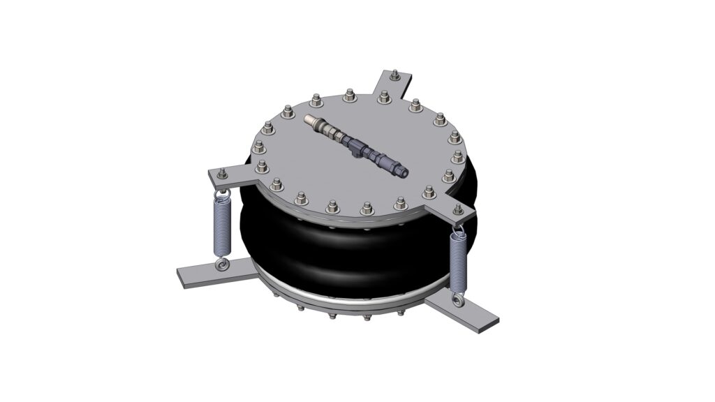 Isometric view of a bladder system showing bolted circular plates mounting brackets and side springs
