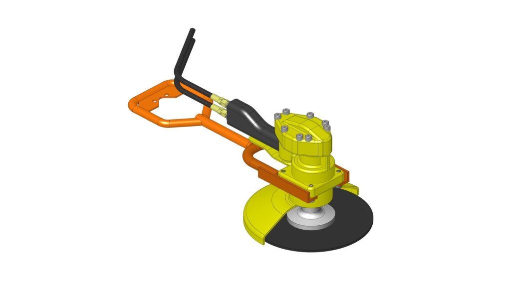 Alternate isometric view of a 9inch subsea grinder showing the grinding disc motor housing handle and hoses