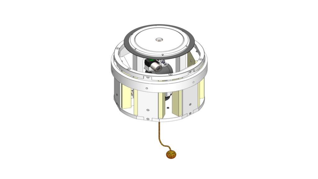 Isometric view of the BOP Inspection and Flushing Tool with circular housing and attached tether