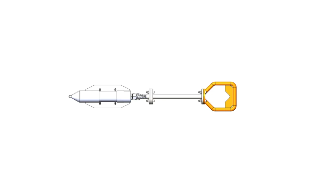 Left side view of the cathodic protection probe showing the full probe length and attached handling frame.