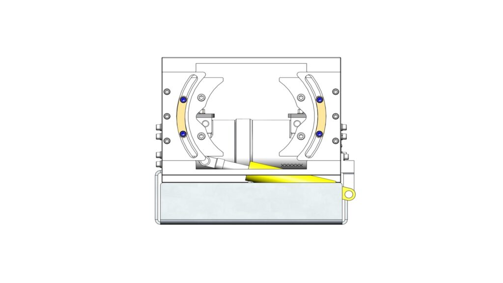Front view of the flying lead orientation tool showing the curved alignment jaws and central guide area.