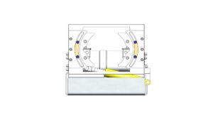 Front view of the flying lead orientation tool showing the curved alignment jaws and central guide area.