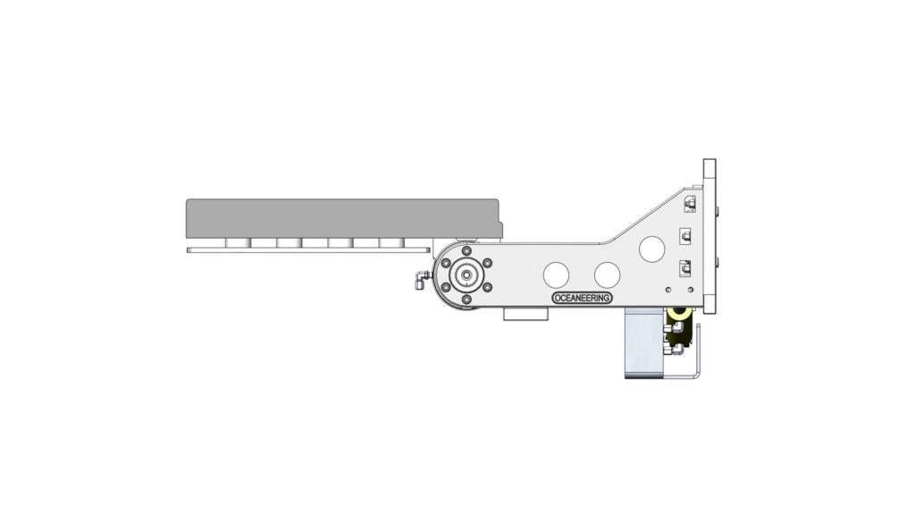 Left side view of the flying lead orientation tool showing the frame profile, roller, and linkage components.