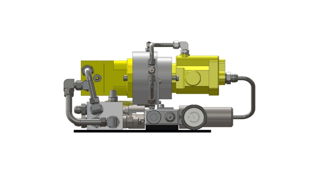 Front view of the isolated hydraulic power unit showing the pump face, valve block, and front‑mounted fittings.