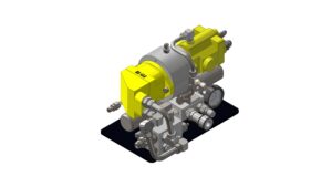 Isometric view of an isolated hydraulic power unit with pump housing, valves, hydraulic lines, and mounted base.