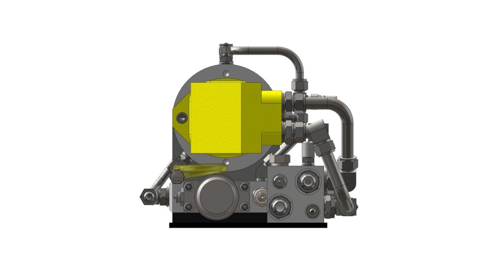 Left side view of the isolated hydraulic power unit showing the pump housing, pipe routing, and valve assembly.