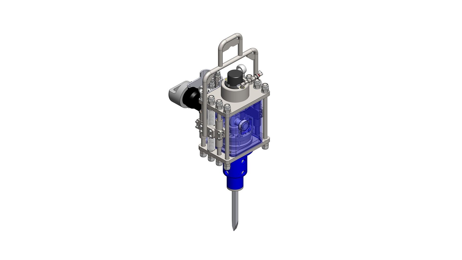 Angled isometric view of the Subsea Jackhammer showing housing, handle, and chisel