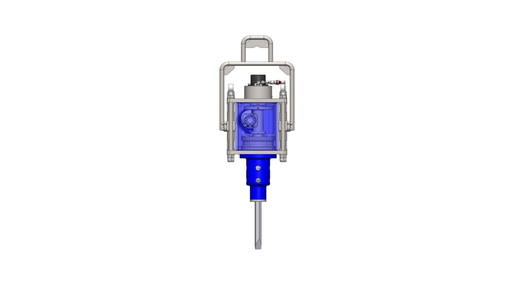 Right‑side view of the Subsea Jackhammer highlighting the hydraulic body and mounting frame