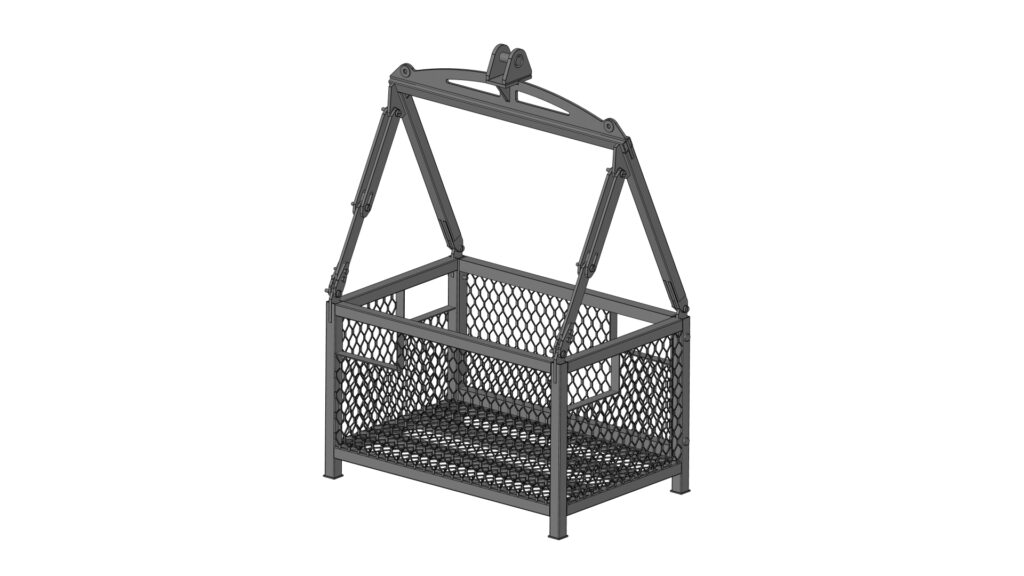 Isometric view of an ROV subsea basket with reinforced frame and triangular lifting structure