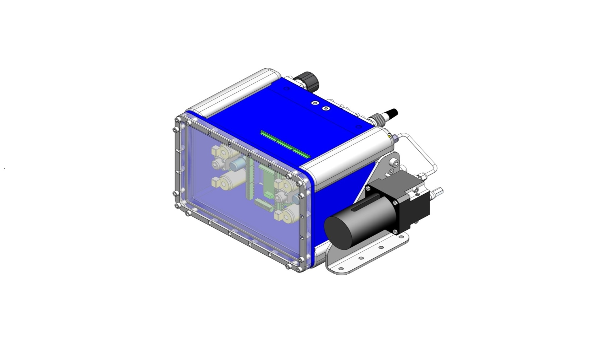 Isometric view of the remote control unit with blue housing, transparent front panel, and side‑mounted components.