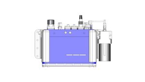 Top view of the remote control unit showing the flat enclosure surface, fasteners, and top‑mounted fittings.