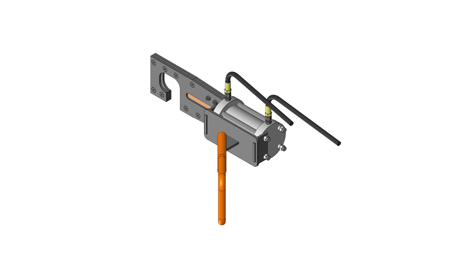 Isometric view of the Soft Line Cutter with hydraulic hoses and mounting bracket