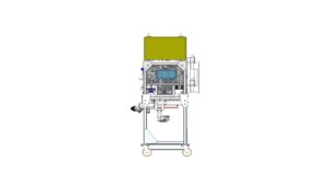 Left side view of the subsea tool deployment unit showing mesh panels, internal components, and frame.