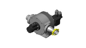 Isometric view of the pump assembly wit fasteners, hydraulic ports, and discharge connection.
