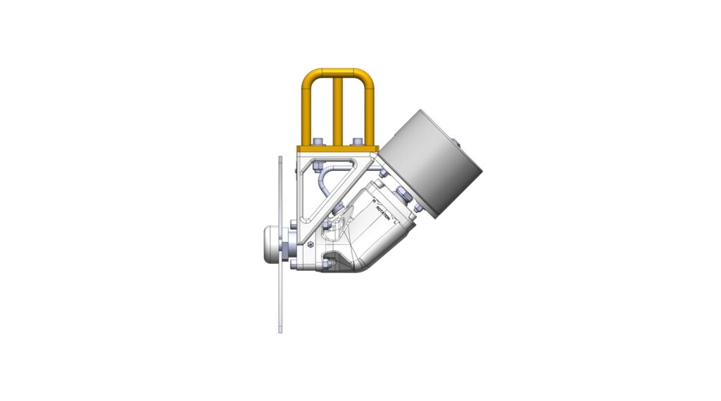 Side view of the Super Grinder showing the angled motor assembly, disc, and support structure.