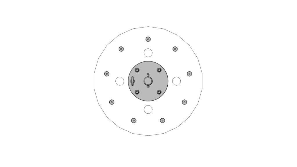 Top view of the 13.625‑inch cleaning tool showing bolt pattern, central fittings, and circular plate layout.