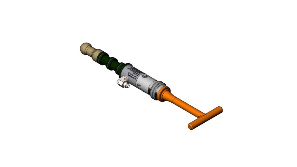Isometric view of API 17D dual valve hot stab with T-handle and hydraulic ports