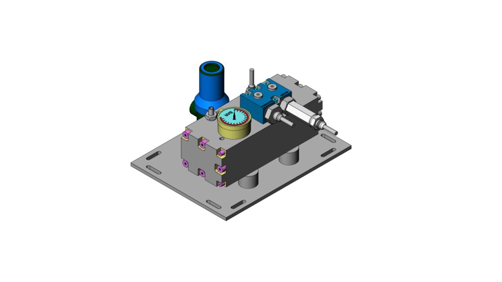 Isometric view of the Dynaset 75ksi jetting unit showing the pump pressure gauge and base plate