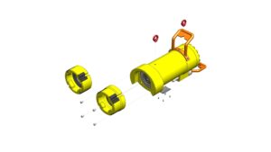 Exploded isometric view of Linear Valve Override Tool showing outer housing, clamp sections, and fasteners.