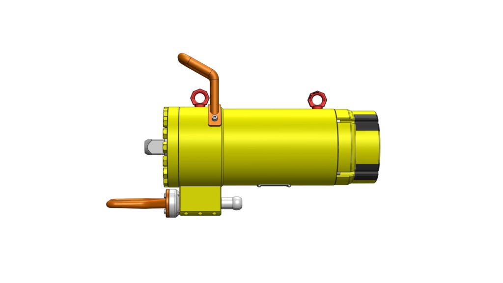 Left-side view of LVOT showing cylindrical body, lifting points, and actuator assembly.