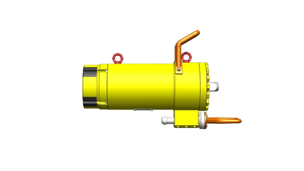 Right-side view of Linear Valve Override Tool showing hydraulic interface, frame, and lifting handle.