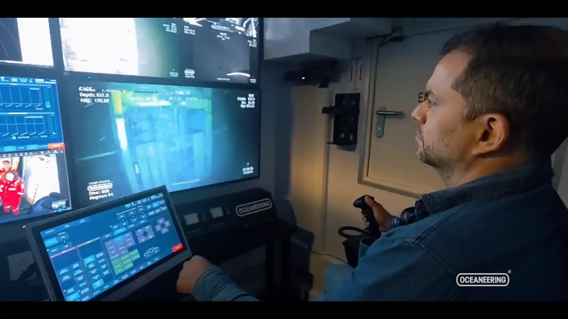 ROV pilot doing real time remote piloting from the Onshore Remote Operations Center in Macaé Brazil