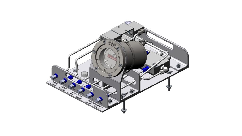 10k psi Pressure Kit 807032789Alternate ISO View | Oceaneering Isometric view of 10k psi subsea pressure kit showing pressure gauge assembly and tubing