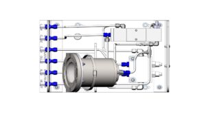 Top view of 10k psi subsea pressure kit showing pressure gauge assembly, tubing, and valve manifold.