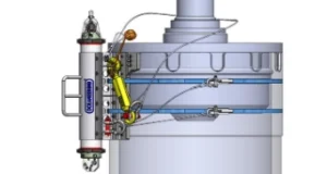 Technical rendering showing a subsea inclinometer mounted to a cylindrical subsea structure.