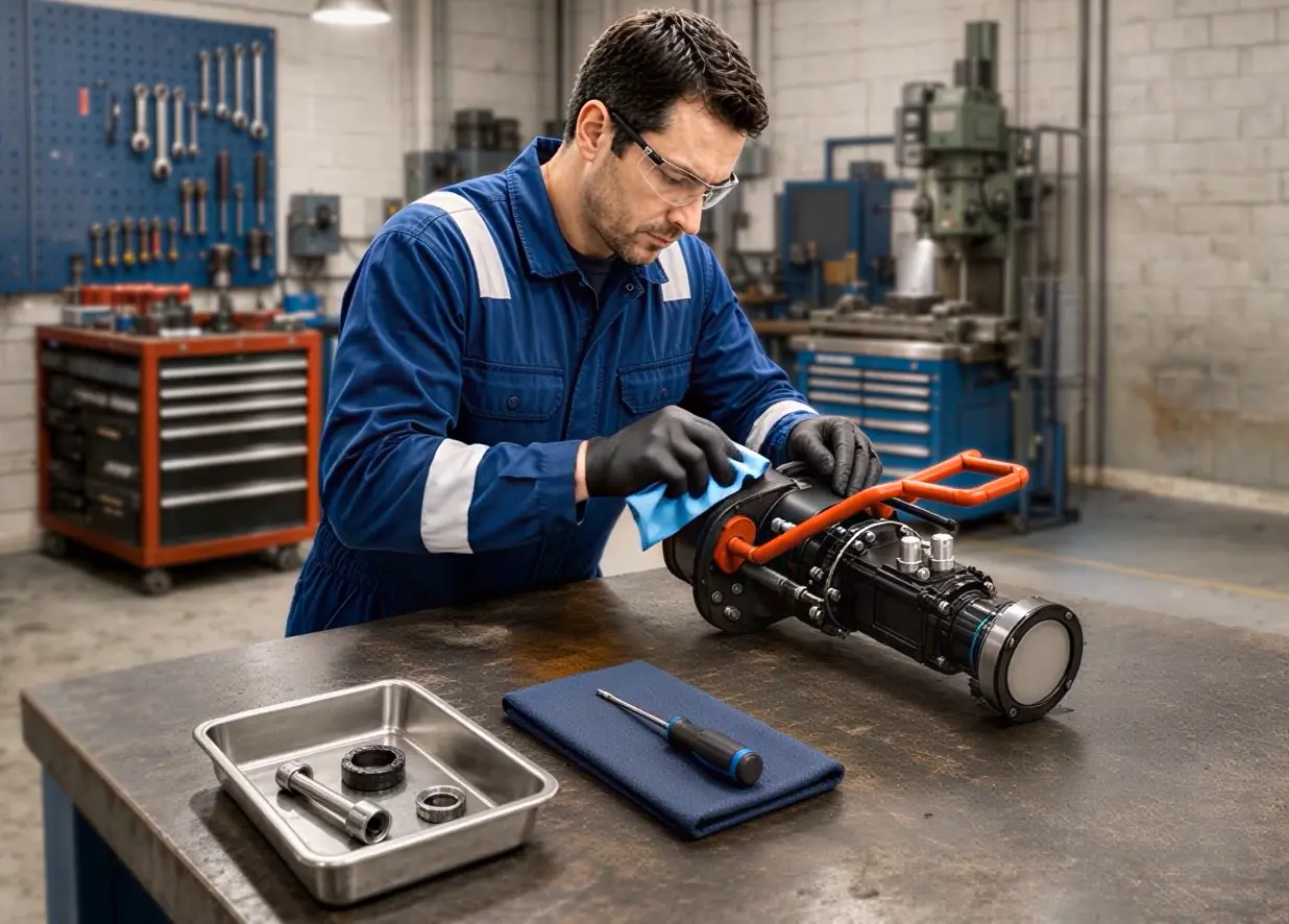 Technician cleaning and inspecting a hydraulic torque tool on a workshop bench with maintenance parts and hand tools arranged nearby
